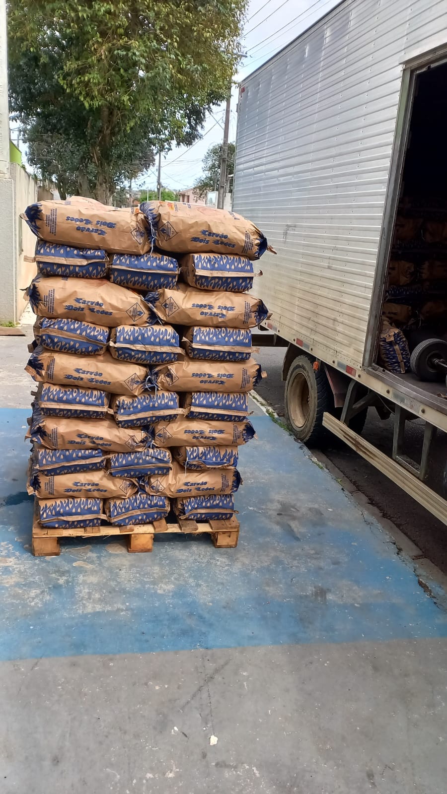 Palete de carvão Dois Leões sendo entregue